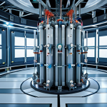 **Cryostat Quantum Computer Interior:** Inside a futuristic lab, a large cryostat system dominates the scene.  Show intricate wiring and components. Superconducting qubits are visible, glowing faintly.  Emphasis on extreme cold and high-tech isolation.