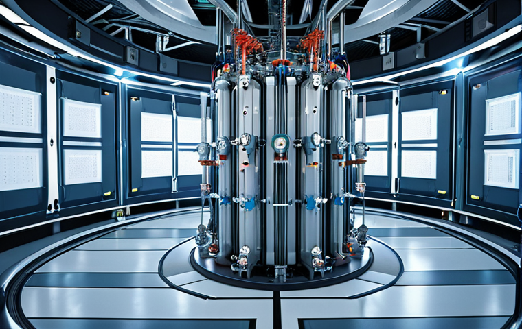 **Cryostat Quantum Computer Interior:** Inside a futuristic lab, a large cryostat system dominates the scene.  Show intricate wiring and components. Superconducting qubits are visible, glowing faintly.  Emphasis on extreme cold and high-tech isolation.