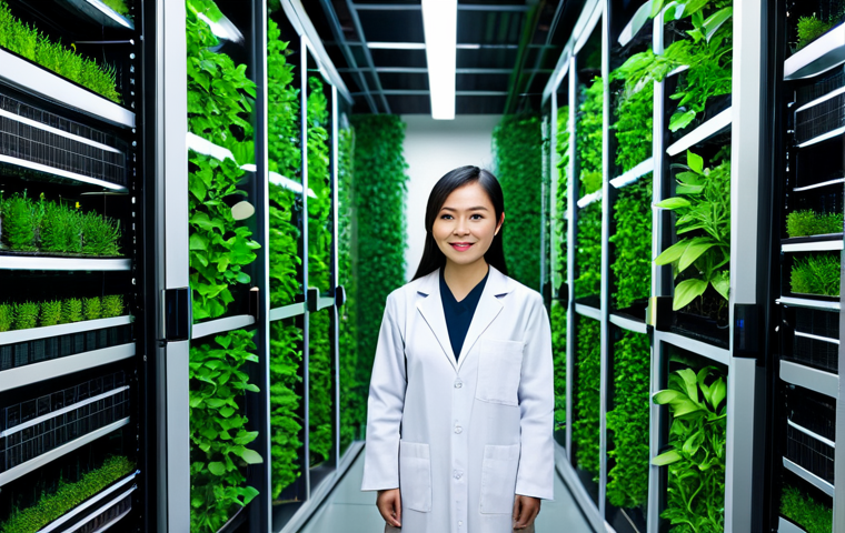 **

"A Vietnamese engineer in a modern, eco-friendly data center, surrounded by quantum computing hardware. She is wearing professional attire &ndash; a lab coat over modest clothing. The data center features green design elements like vertical gardens and solar panels visible through large windows. The image should convey innovation and sustainability. Focus on perfect anatomy and correct proportions. Safe for work, appropriate content, fully clothed, professional, family-friendly, high quality."

**